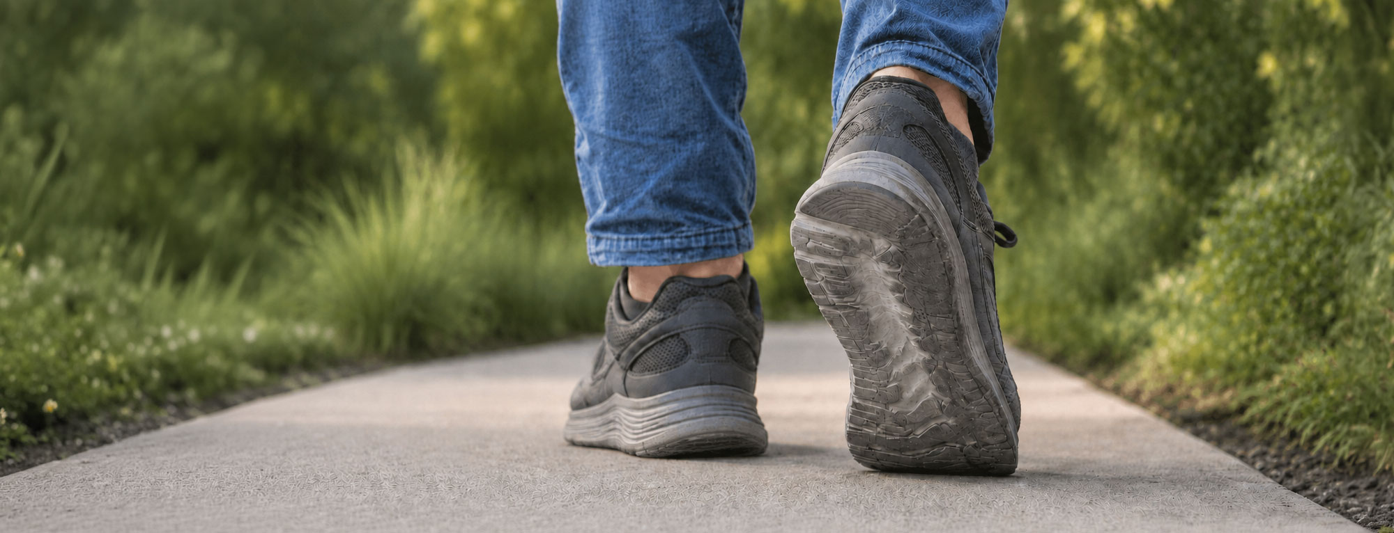 Close-Up-Of-Shoes-Showing-Supination-Wear | The FootLab Custom Orthotics | St Paul Minneapolis MN Person walking on a paved path in a park, focused on gray sneakers and denim jeans from behind.