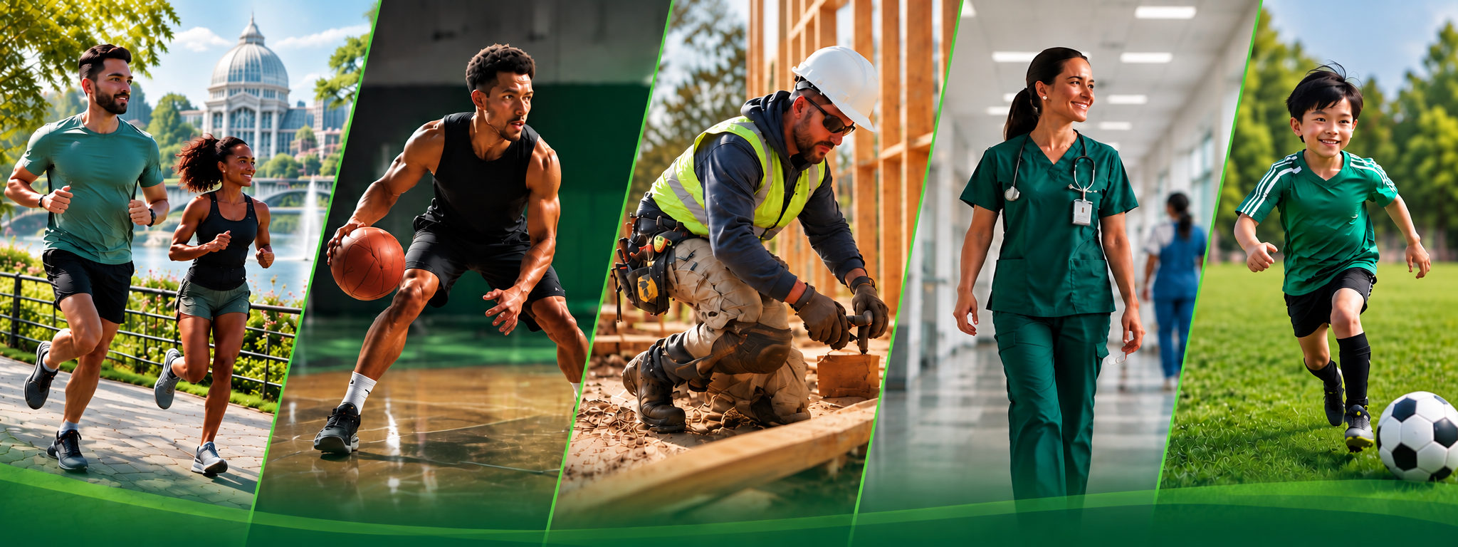 Collage of five scenes: runners outdoors, indoor basketball player, construction worker, nurse, and a child playing soccer.