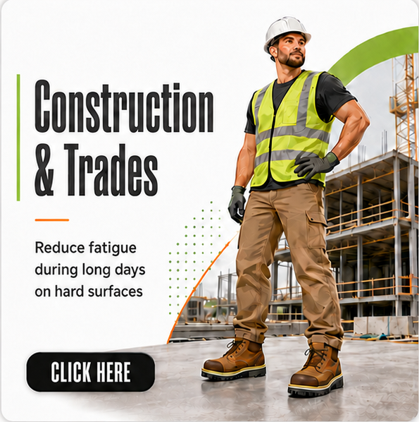 footlab-construction-trades | The FootLab Custom Orthotics | St Paul Minneapolis MN Promotional image for construction trades showing a worker in safety gear on a construction site with the message 'Reduce fatigue during long days on hard surfaces' and a 'Click Here' button.